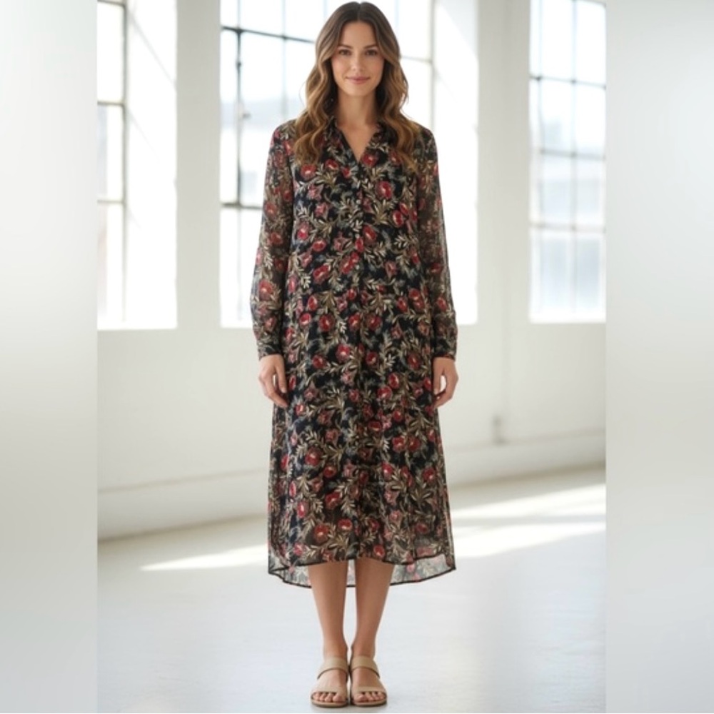 J. Jill Black  Floral Long Sleeve Dress Boho Prairie Cottage-core Whimsigot